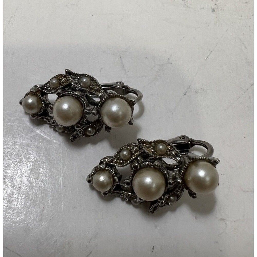 Vintage Faux Pearl Elegant Clip On Earrings Silver MCM Detailed Metalwork 1960s